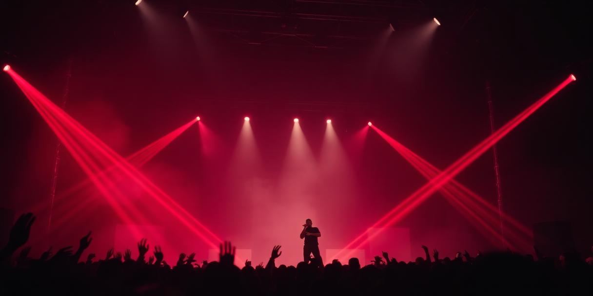Hip-hop artist performing on a dark stage with red lasers